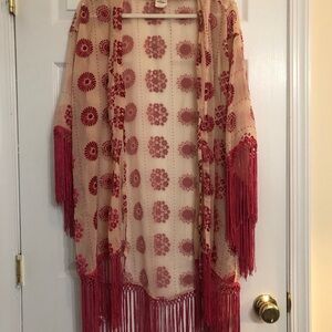 Free People Sheer Beige Kimono with Red Floral Velvet Accents